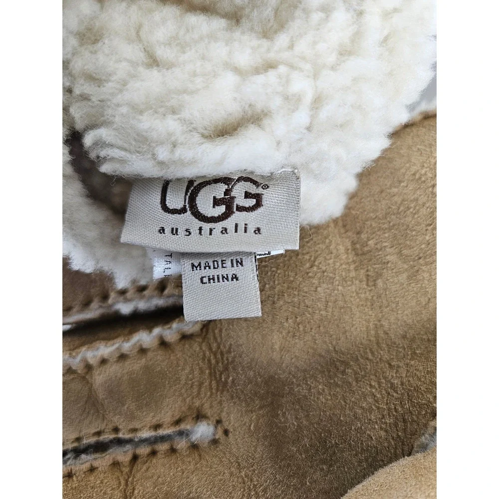 UGG Australia Womens Chestnut Suede Shearling Lined Gloves Tan Sheepskin Fur L